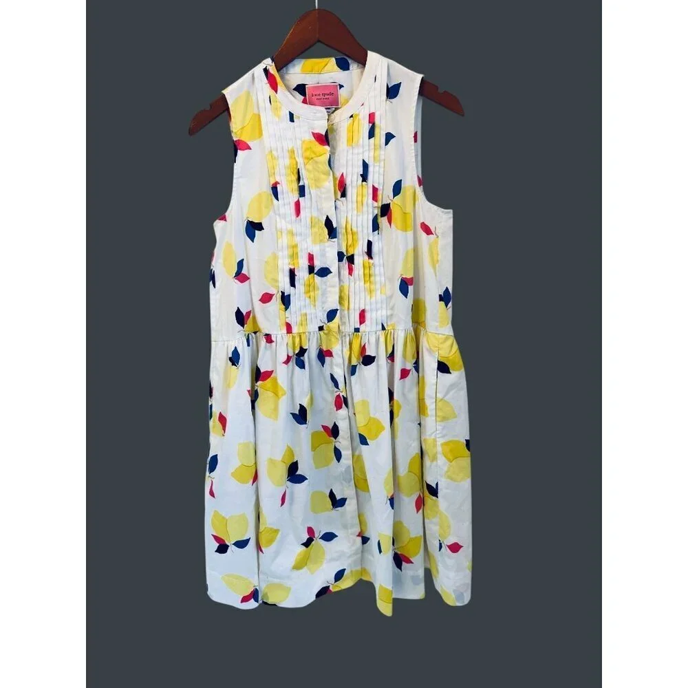 Kate Spade White Yellow Lemon Zest Pleated High Neck Summer Button Up Mini Dress